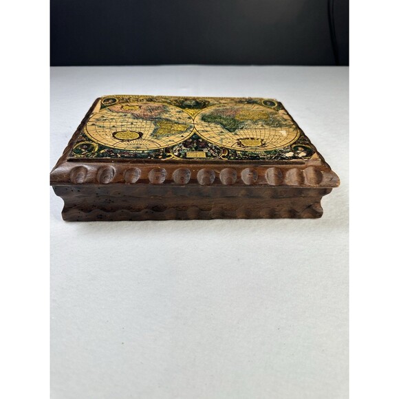 Vintage Carved Wood Box Hinged Lid Old World Map Folk Art Spain 7.75 W 1960’s - Picture 1 of 12